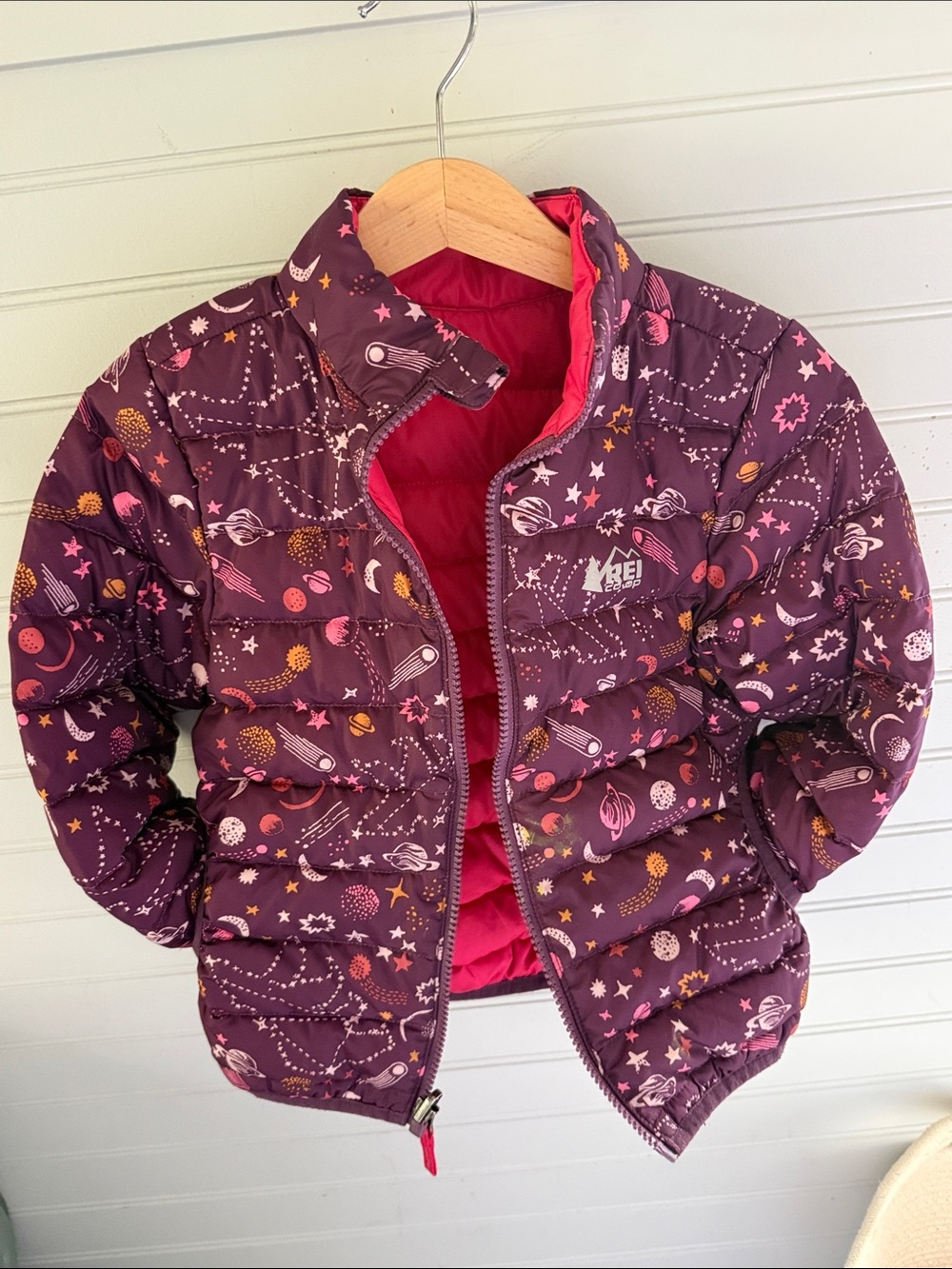 REI Kids Space-Print reversible Puffer Jacket - Purple with Pink Lining